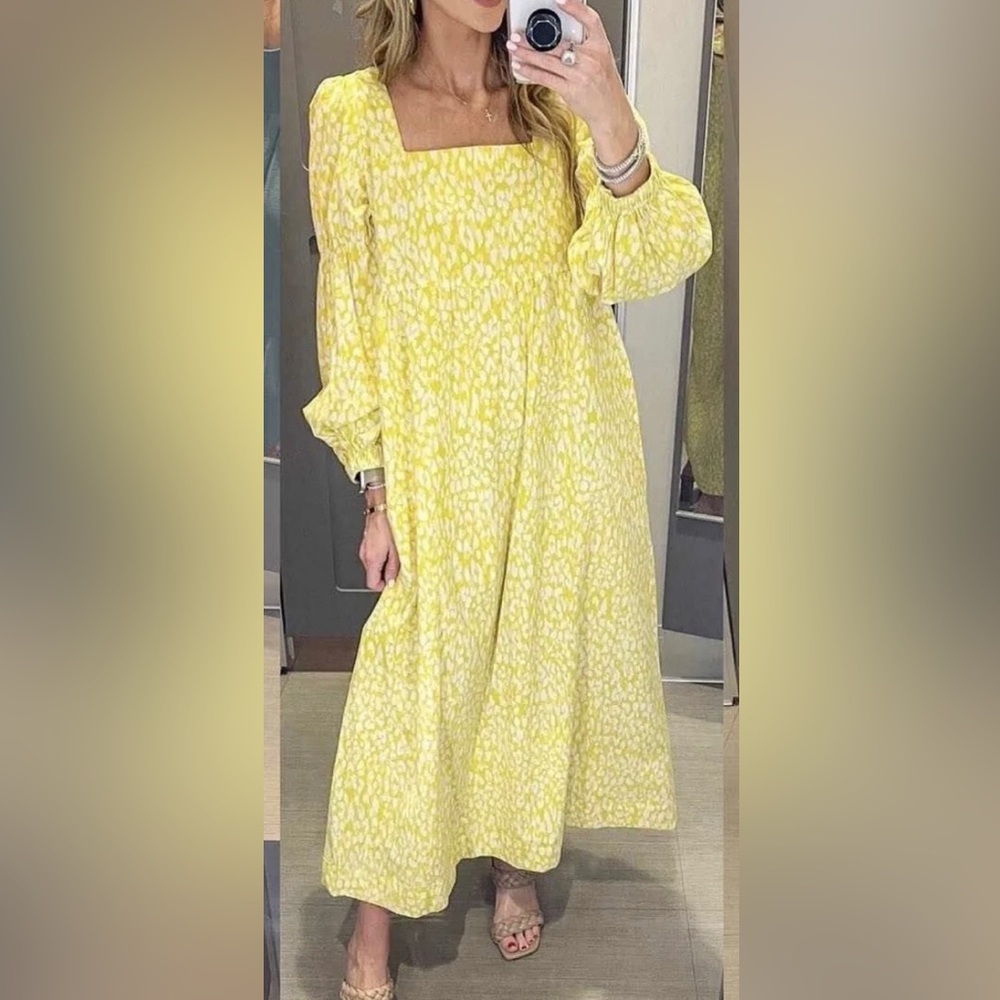 Who What Wear Yellow Leopard Print Midi Dress Features Long Bishop Puff Sleeve